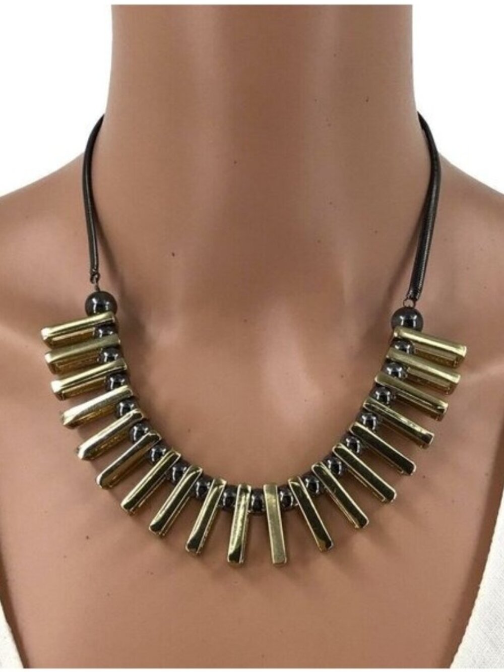 Statement Necklace Tribal Style Hematite Beaded Gold Tone Egyptian Bib Womens